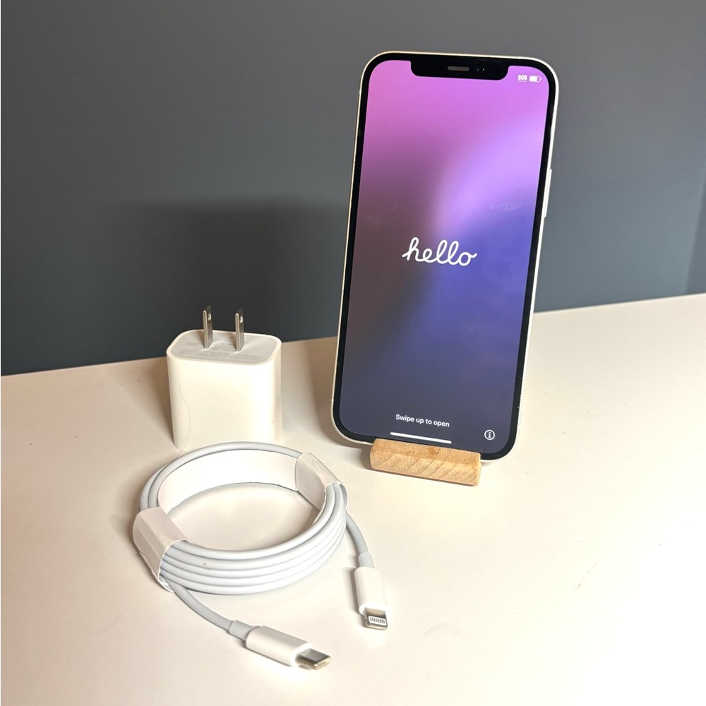Apple iPhone 12, 128GB, and Charger - White
